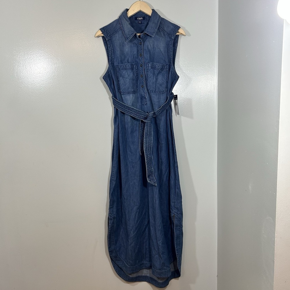 Chaps Denim Maxi Shirt Dress Large Sleeveless Belted Americana Western NWT